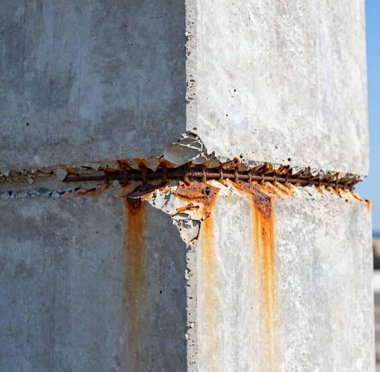 Close-up of concrete spalling and rusted rebar from salt-air corrosion on a coastal structure, sharp technical focus, bright daylight.