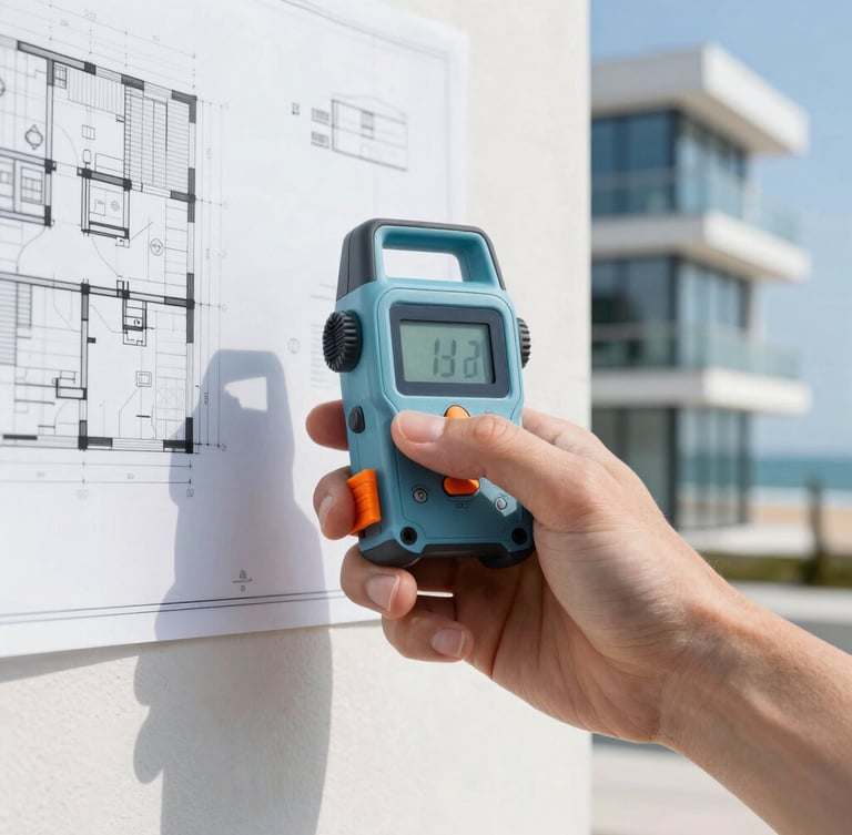 Hands holding a digital laser distance meter against a modern building wall, architectural blueprints visible in background, clean technical framing.