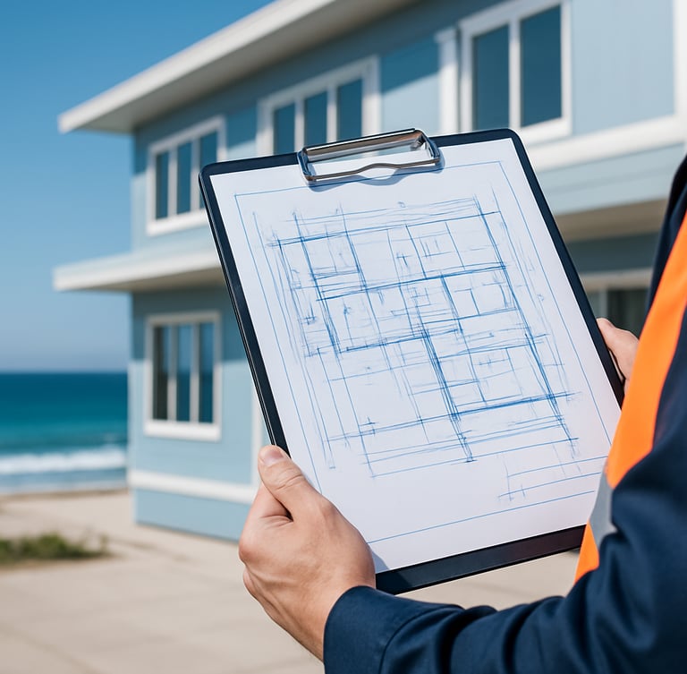 Close-up of a technical blueprint on a clipboard held by an inspector in front of a coastal commercial building facade, bright daylight, high detail.