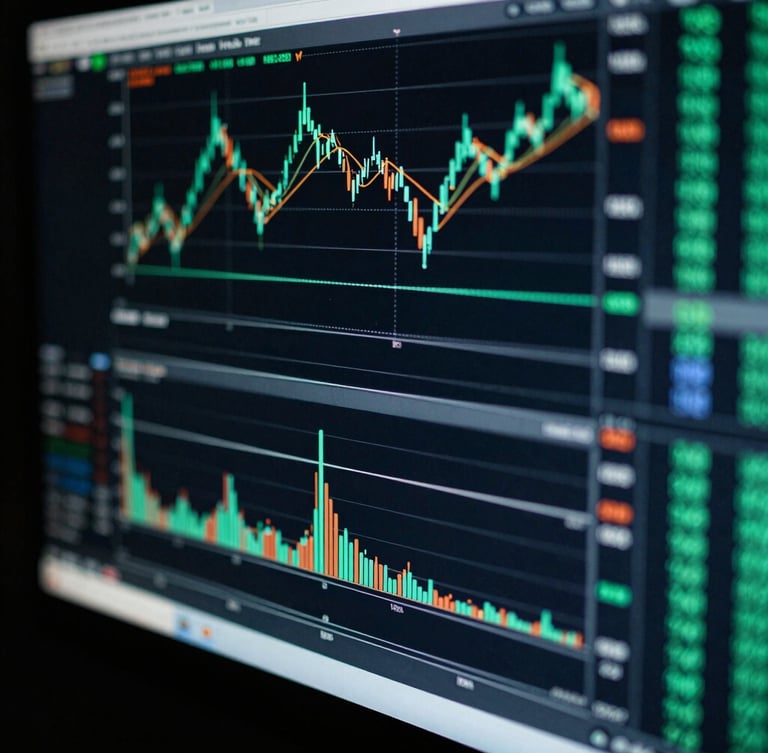Macro close-up of a high-resolution trading terminal screen displaying complex quantitative charts, cool-toned low-key studio lighting with high contrast and subtle neon green glow, 35mm photography.