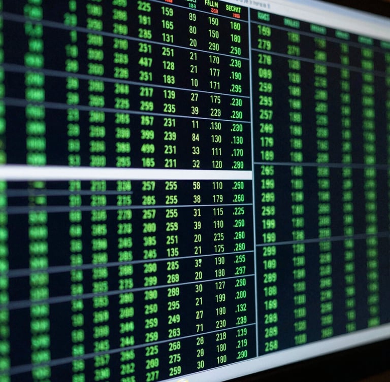 Macro shot of a high-contrast trading terminal screen displaying complex quantitative data matrices, deep obsidian background with sharp neon-green glow, cool-toned editorial photography, 35mm
