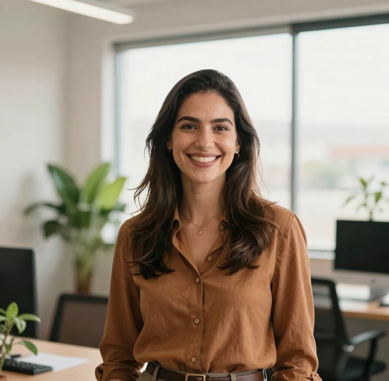 A warm portrait of a friendly Brazilian female accountant smiling, modern bright office with green plants, soft natural window light, editorial photography, 35mm