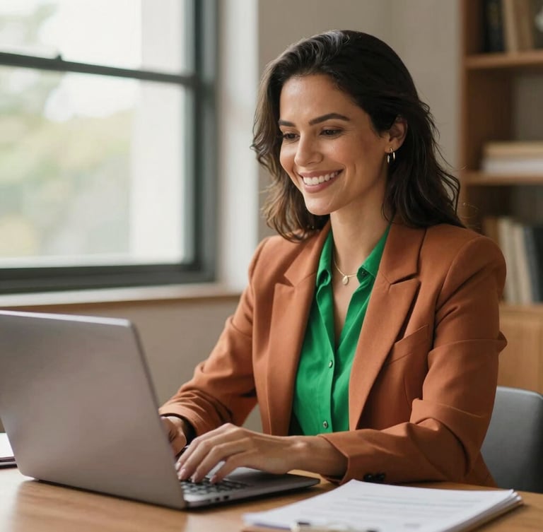 Warm editorial photography of a Brazilian business owner smiling at her desk with a laptop, soft natural window light, terracotta and green accents, shallow depth of field, 35mm