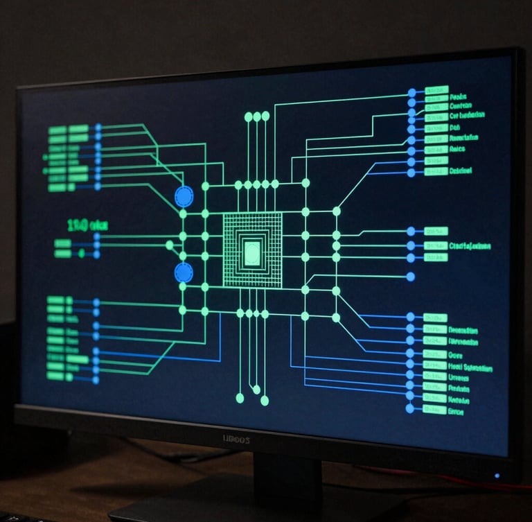 A highly structured, clean architectural system diagram on a dark monitor, glowing green and blue nodes connected by precise lines, high-contrast studio lighting.