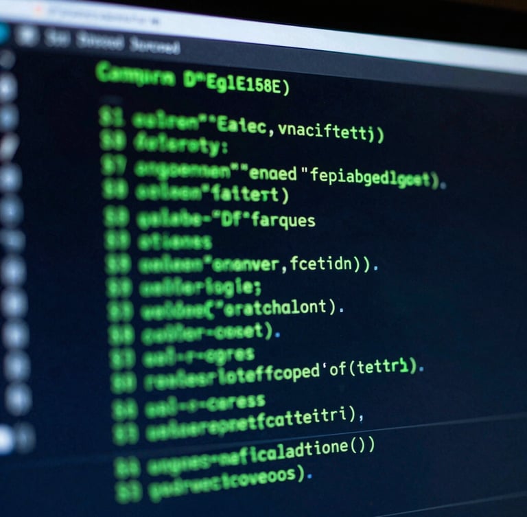 Extreme close-up of a terminal screen displaying low-level system code, high-contrast dark theme with sharp laser-green and cool blue light, shallow depth of field.