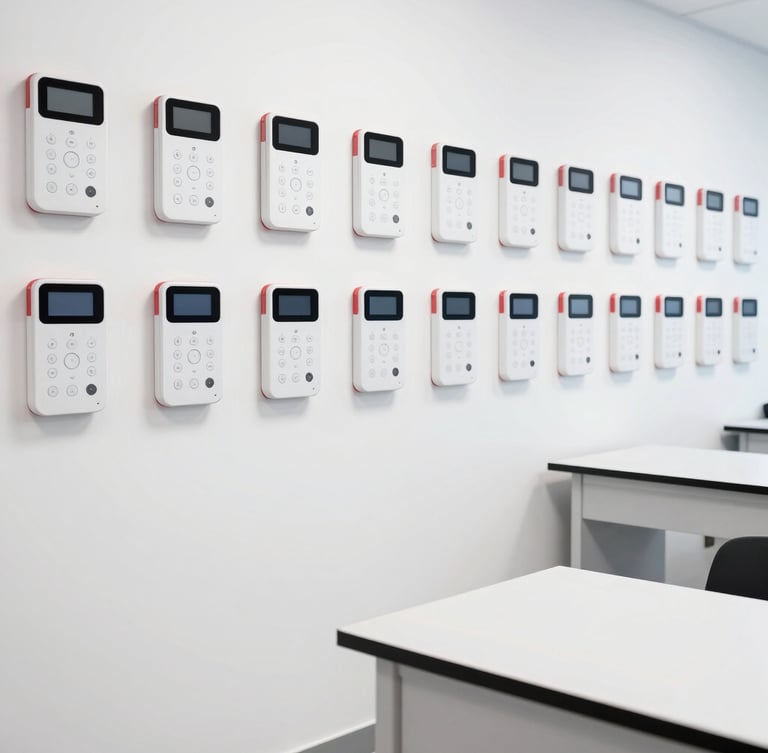 Bright modern training facility setup with organized smart intercom wall mounts, laboratory testing benches, clean white background, sharp crimson accents, 50mm lens