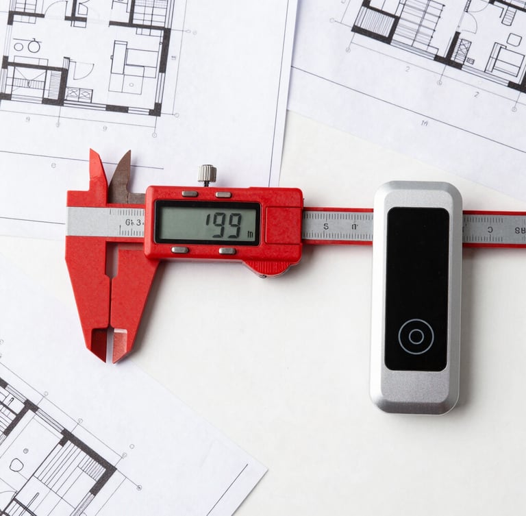 Top-down orthographic view of architectural blueprints laid on a white desk with a red digital caliper and a sleek smart access door controller, crisp lighting