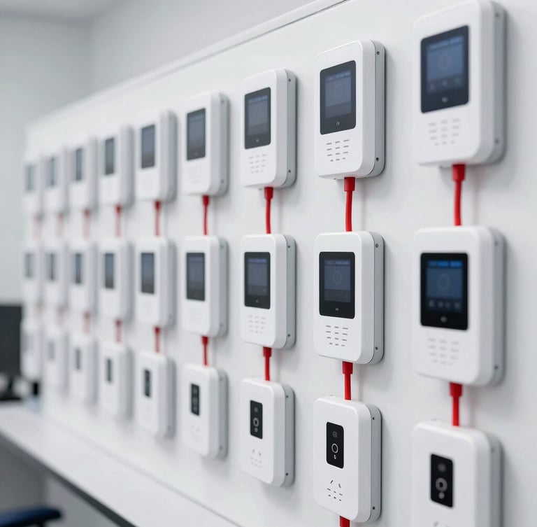 Crisp technical training lab, neat rows of smart intercom terminals and access control boards mounted on testing racks, bright studio lighting, red cabling accents