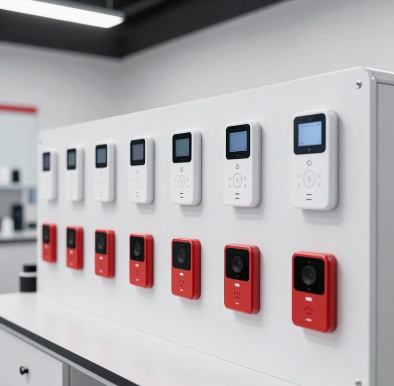 A clean modern training facility setup with smart intercom units mounted on testing panels, organized laboratory environment, bright studio lighting, red accents, 50mm lens
