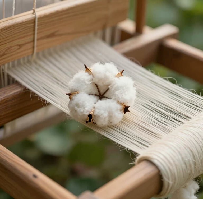 Close-up macro shot of raw organic cotton fibers being spun into fine thread on a traditional wooden loom, soft natural morning light, shallow depth of field, 35mm