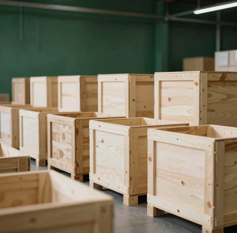Neatly organized, high-end warehouse packaging facility with structured wooden crates ready for export, soft architectural lighting