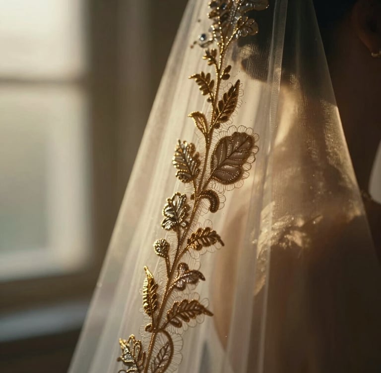 Extreme close-up of delicate lace and gold embroidery on a wedding veil, soft natural window light, shallow depth of field, cinematic warm tones.