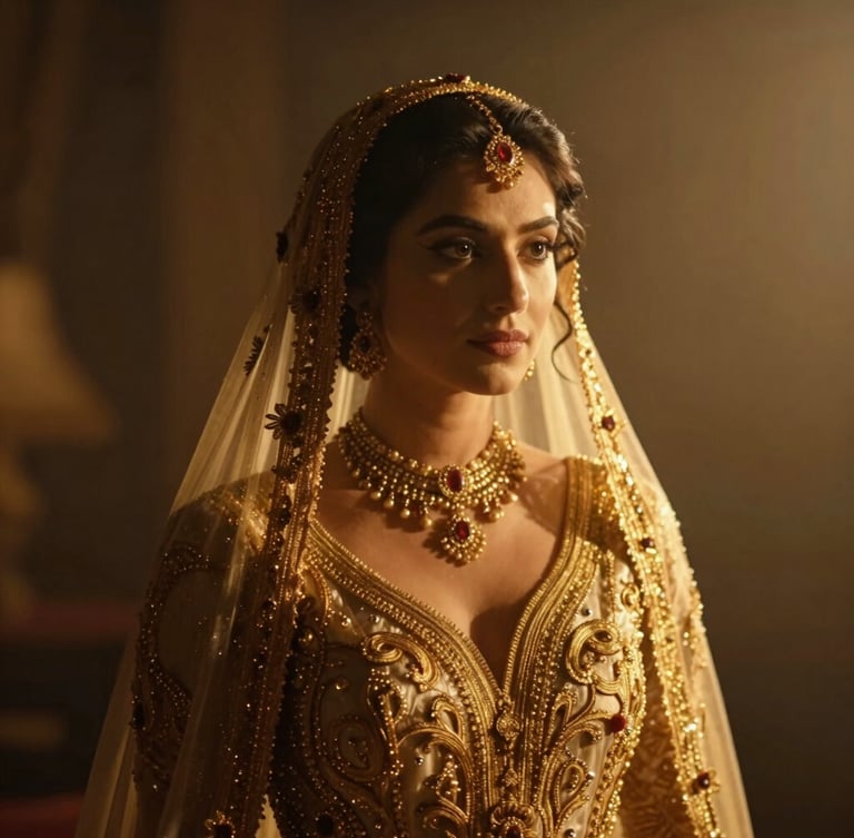 Cinematic 35mm anamorphic portrait of a bride in heavy gold embroidery, dramatic golden-hour backlighting, deep shadows, rich warm tones, shallow depth of field, off-center composition with negative space.