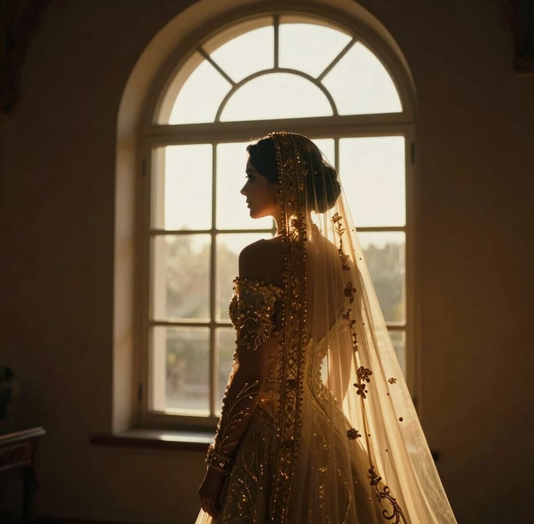 Cinematic 35mm anamorphic wide shot of a bride in a heavy gold-embroidered veil looking out of a high-contrast arched window, dramatic golden-hour backlighting, deep shadows.