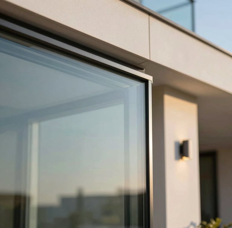 Macro architectural detail of double-glazed insulated glass panel edge, showcasing the thermal break aluminum profile and structural silicone seal.