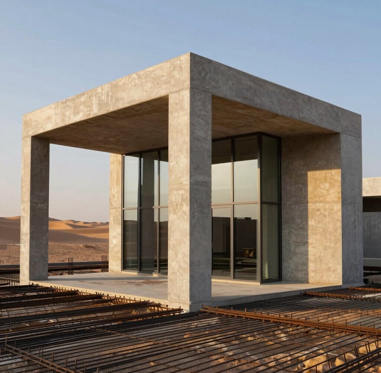 Clean raw concrete pillars and reinforced steel rebar grid before pouring, sharp golden hour desert sunlight casting long shadows, architectural precision, 35mm lens