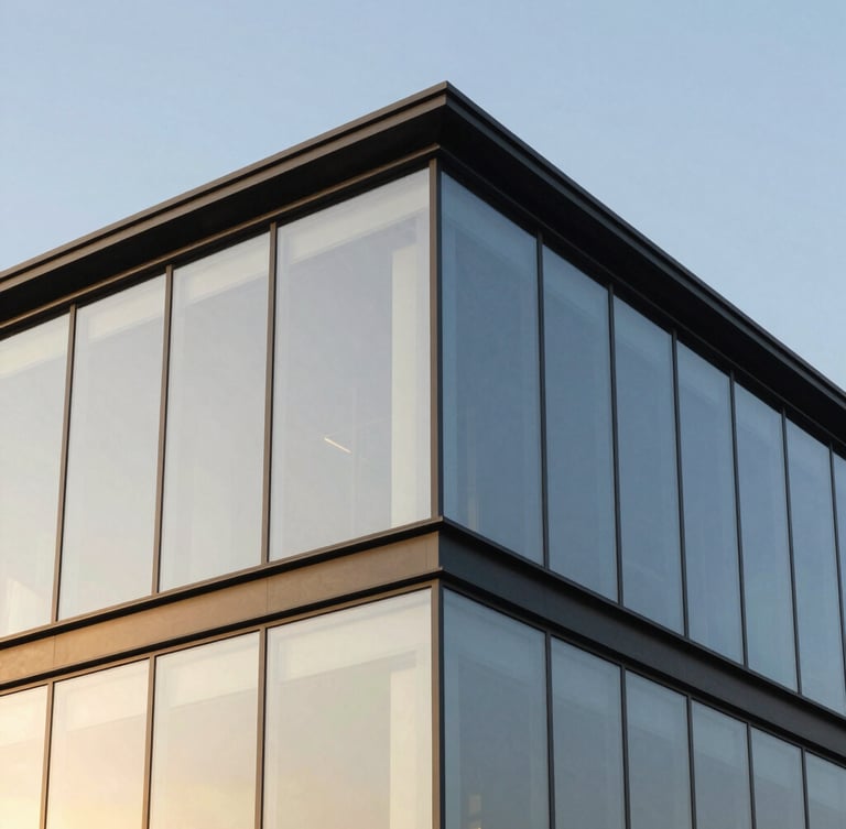 Modern structural glass facade corner joint, close-up architectural detail, steel frame, crisp reflections of golden hour sun, 35mm lens, minimalist composition