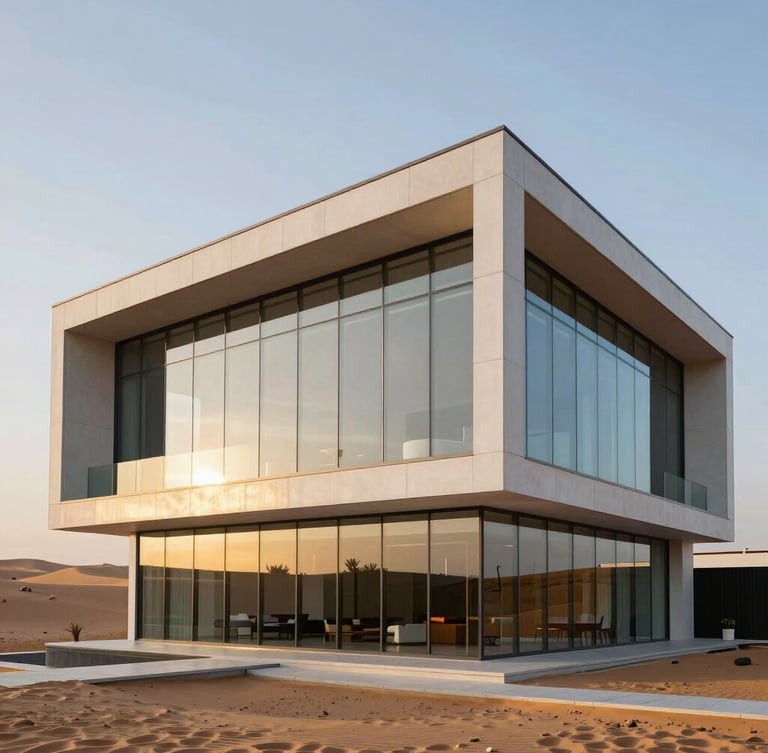 Wide architectural shot of a modern minimalist Saudi villa with a massive double-height structural glass facade reflecting golden hour desert sunlight, clean steel frames, ultra-clear glass, sharp lines.