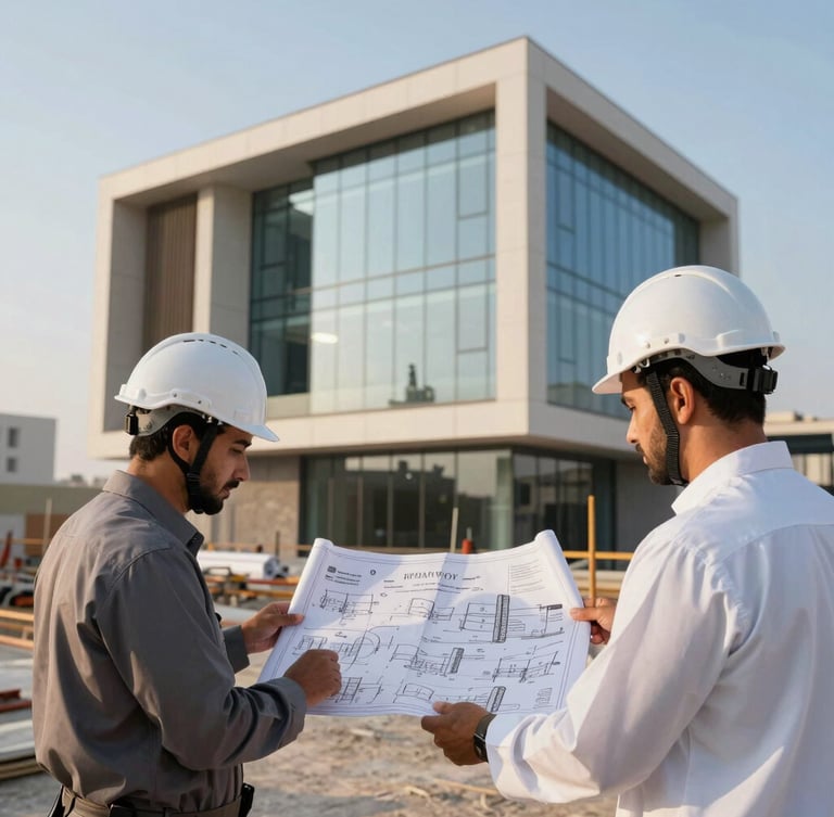 Side shot of two Saudi engineers in white helmets on an active construction site, reviewing large blueprints with a modern steel-and-glass building skeleton in the background, sharp golden hour sunlight, architectural photography.
