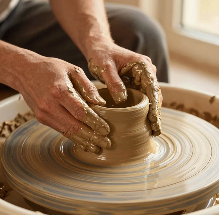 Close-up of wet clay being shaped by hands coated in slip on a spinning potter's wheel, warm golden-hour light catching the texture of the clay, shallow depth of field.