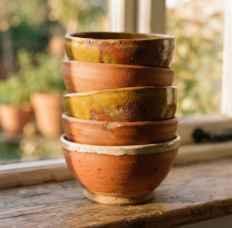A stack of colorful, heavy-bottomed ceramic bowls showing glaze variations in terracotta and mustard, warm golden-hour window light, tactile clay textures, shallow depth of field