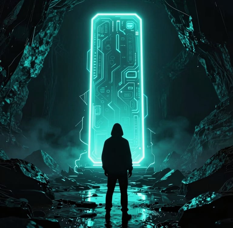 A mysterious hooded figure looking at a colossal glowing neon monolith in a dark, hazy cavern, electric cyan light reflecting off wet rock.