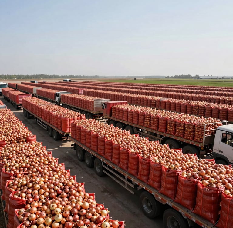 Wide angle landscape shot of a massive agricultural dispatch yard, flatbed trucks loaded with red mesh sacks of uniform onions under bright midday sun, high contrast, industrial scale