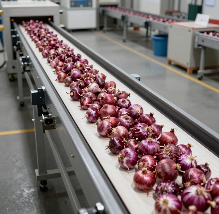 A high-angle shot of an automated agricultural sorting line inside a modern warehouse, bright industrial lighting, red onions being sorted on conveyor belts.