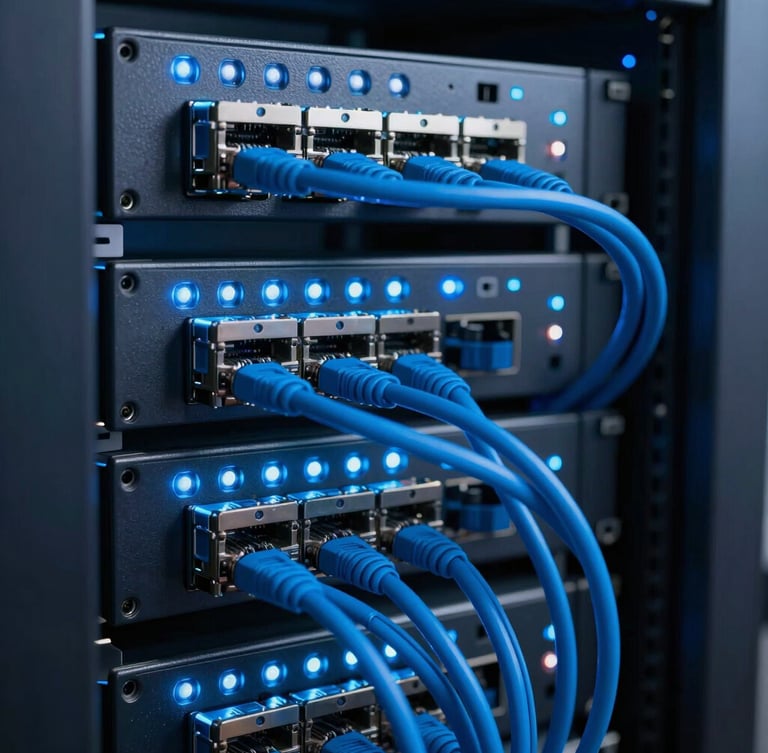 Macro shot of a clean server rack with blue and white status lights, organized ethernet cabling, cool technical studio lighting, sharp 50mm lens