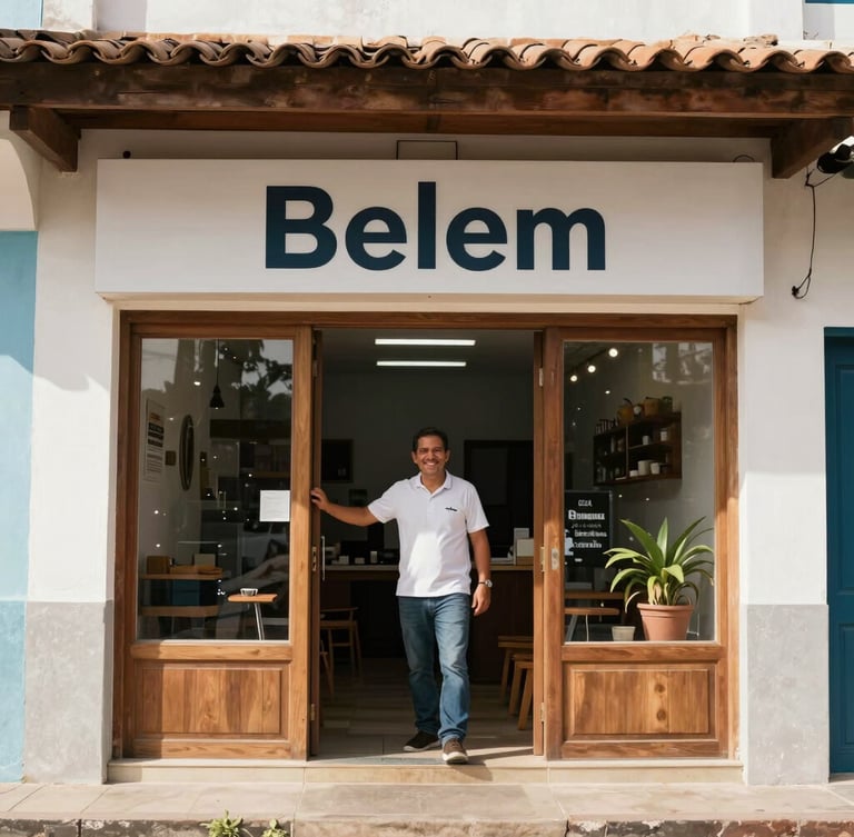 Wide environmental shot of a traditional storefront in Belém, bright equatorial daylight, active local entrepreneur smiling in the doorway, clean modern composition.