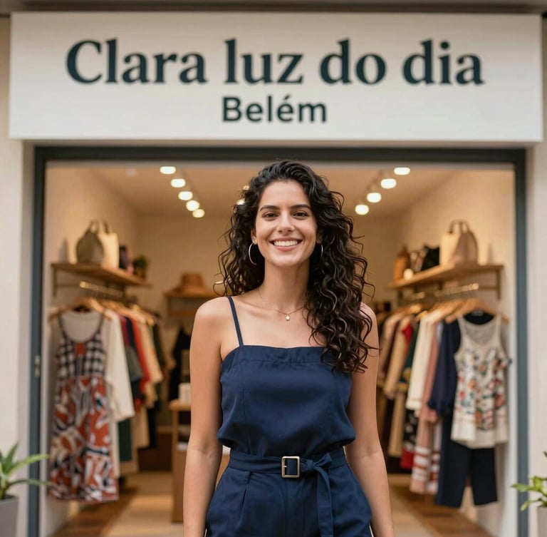 Clara luz do dia sobre empreendedora paraense sorrindo em frente à sua boutique de moda autoral no bairro do Umarizal, Belém.