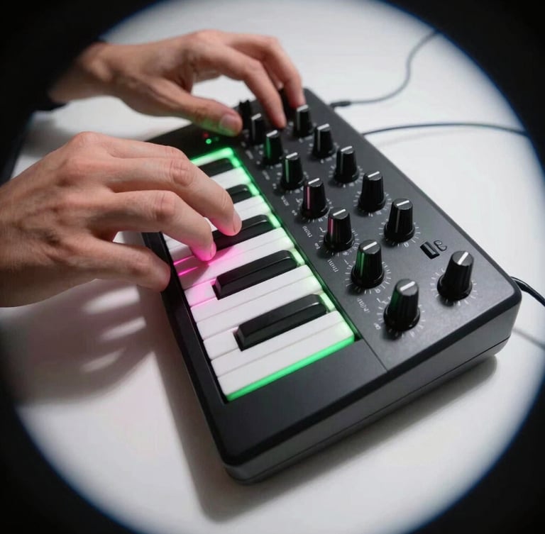 Extreme close-up fish-eye lens perspective of hands on a physical MIDI controller, glowing neon pink and acid green gel lighting, sharp high-exposure shadows, stark white studio background.