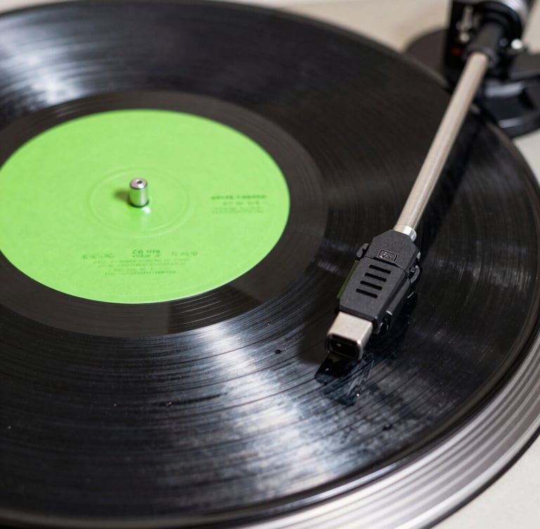 Extreme close-up of a vinyl record with a neon green label spinning on a turntable, high exposure white light, sharp shadows