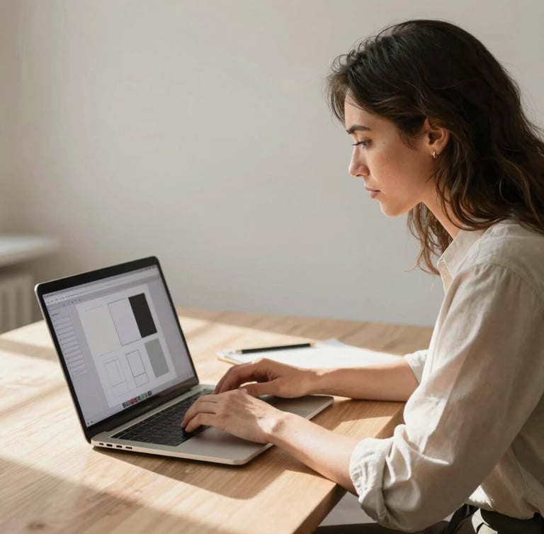Candid, elegant portrait of a female creative director working in a sunlit studio, soft morning light, warm linen shadows, focusing on a laptop screen showing clean minimalist layouts.