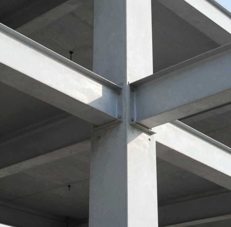 Close-up of exposed structural steel joints and architectural concrete under bright daylight, clean geometric lines, sharp shadows, 35mm lens