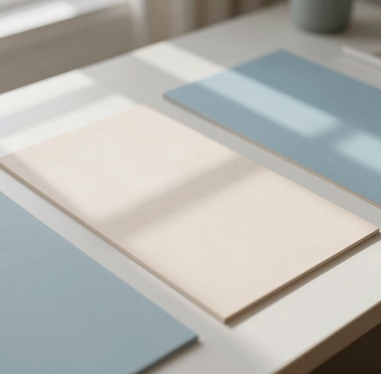 Soft editorial photography of a minimalist design studio desk with tactile paper samples, diffused window shadows, pale almond and sky blue tones, 35mm lens.