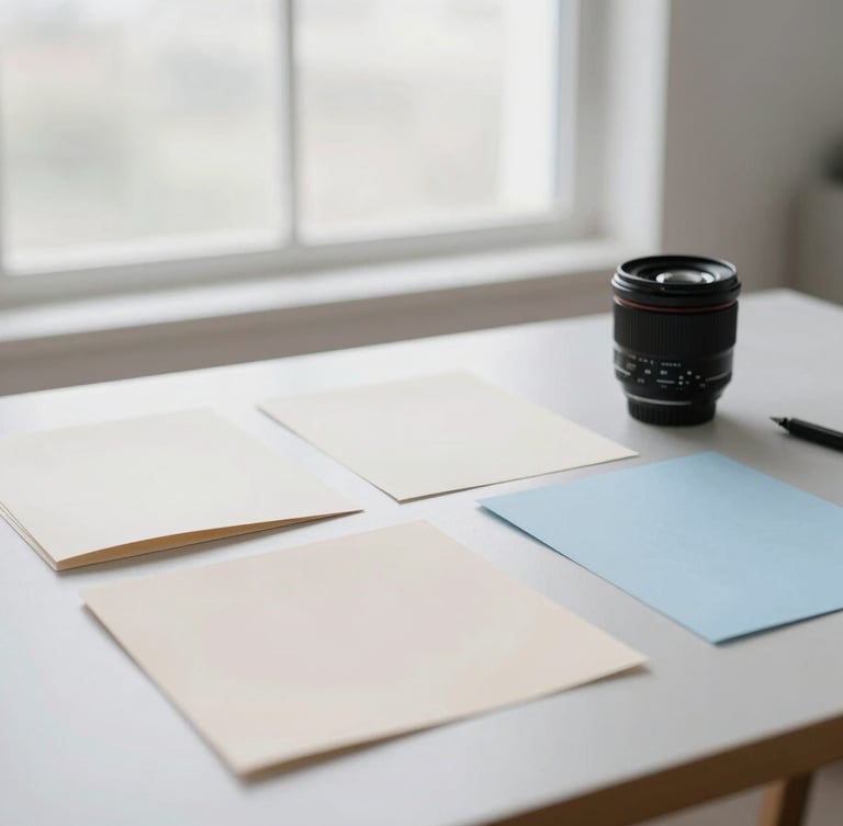 Soft editorial photography of a minimalist studio workspace, diffused overcast window light, pale almond paper samples on a light gray table, 35mm lens