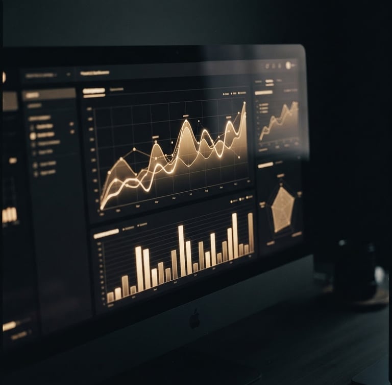 Macro shot of a high-end dark mode analytics dashboard on a sleek monitor, warm sand-gold accent lines glowing on the graphs, moody shadows, 35mm photography