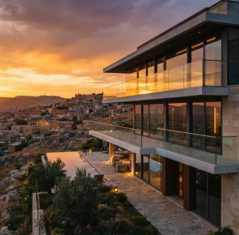 Wide architectural exterior of a luxury villa in Şanlıurfa at sunset, featuring sleek minimalist glass balconies with golden hour reflections, pristine glass surfaces, 35mm photography