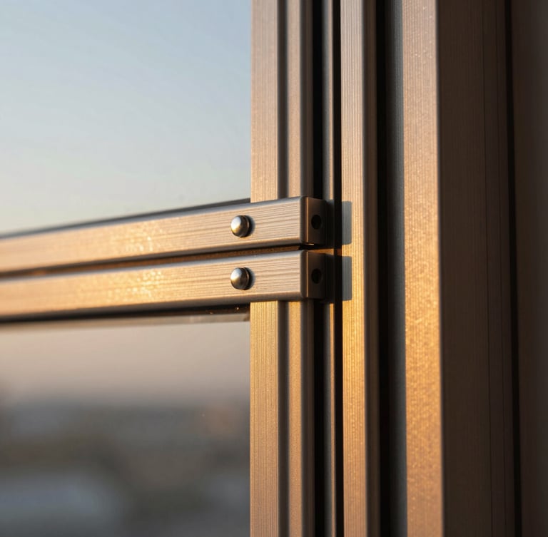 Macro close-up of premium brushed aluminum joints and structural glass edges of a cleanable guillotine window system, soft sunset light reflecting on the metallic surface, architectural precision, 35mm