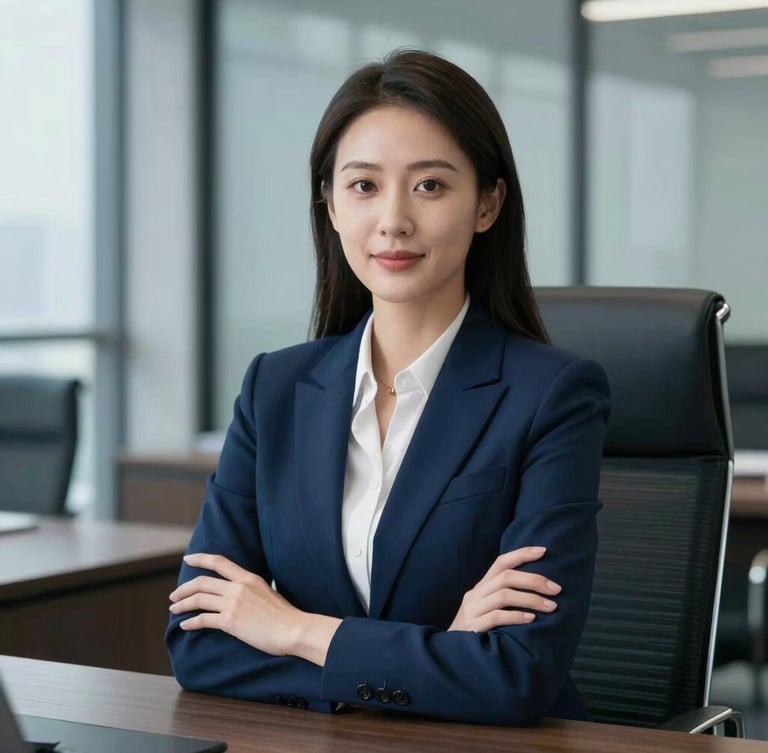 Medium-close portrait of a confident female legal counsel in a modern slate-toned boardroom, cool daylight, sharp corporate photography, 35mm lens.
