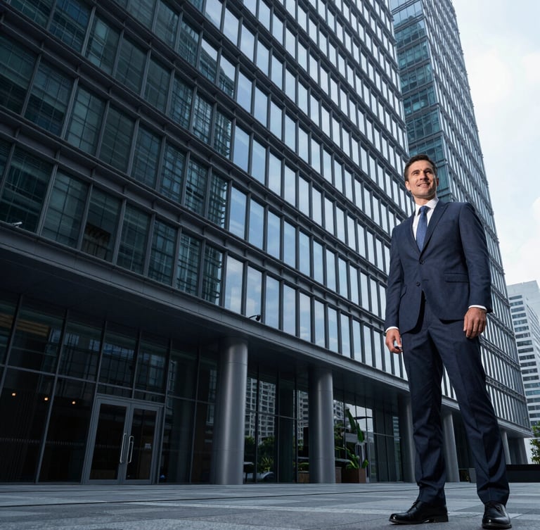 Wide environmental shot of a modern glass-and-steel business hub with a confident global executive standing in the right third, cool-toned slate daylight, high-contrast corporate editorial.