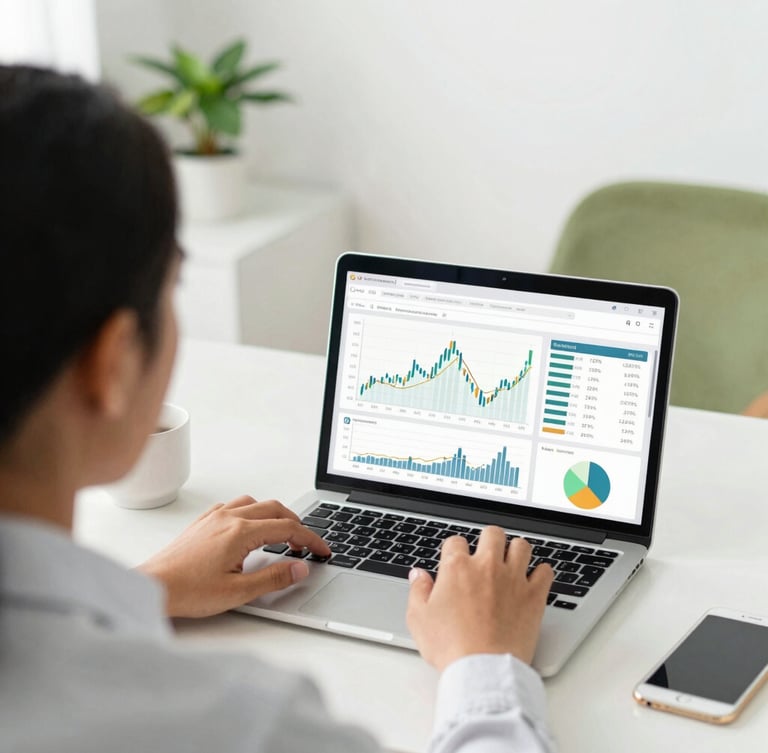Over-the-shoulder shot of an Indonesian business owner analyzing financial charts on a laptop screen, bright modern home office, warm natural light, clean workspace