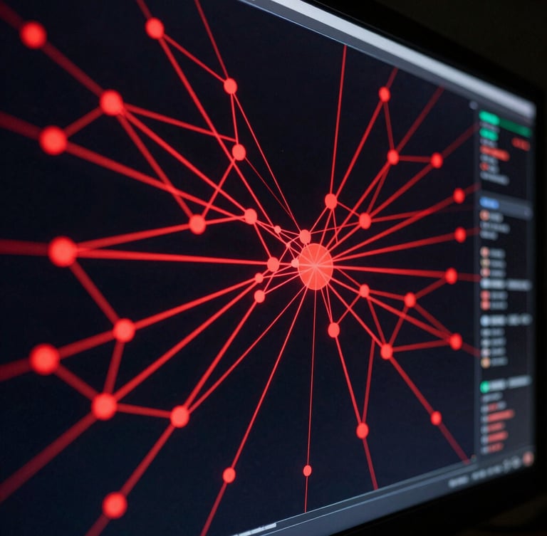 Extreme close-up of a high-resolution data visualization screen in a dark room, glowing red lines and nodes mapping collective behavior, sharp focus, low-key lighting.