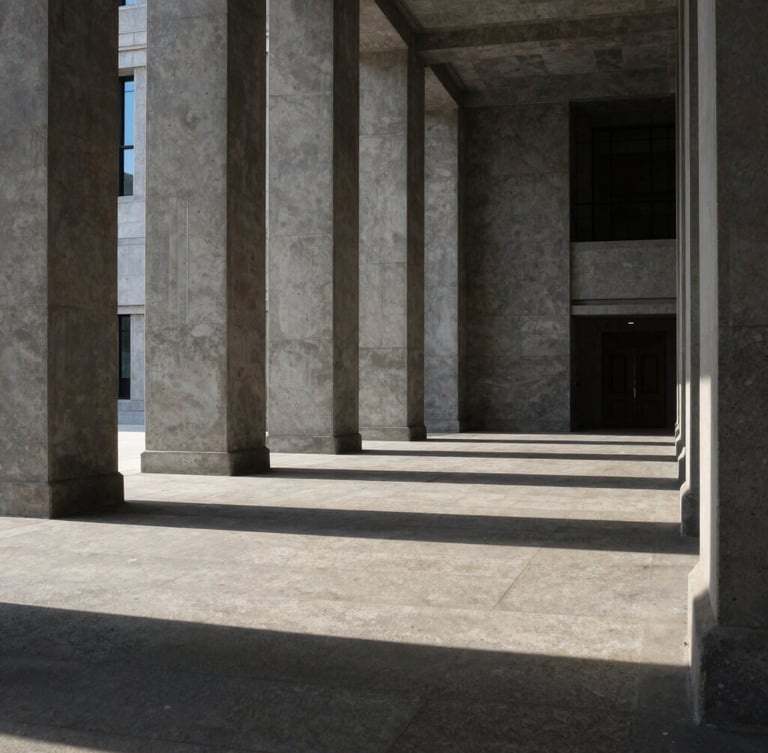 Wide environmental shot of an empty, monumental government hall with imposing concrete columns, dramatic chiaroscuro lighting, deep shadows and sharp highlights, highly institutional and silent.