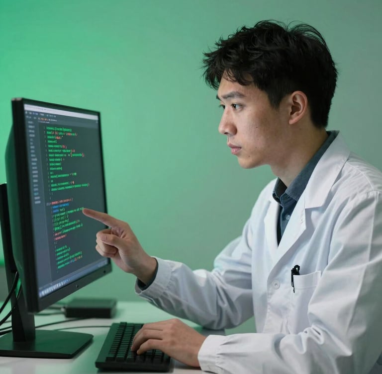 A sharp, high-contrast portrait of a digital forensics expert examining secure ledger codes on a vertical monitor, professional green lighting accents.