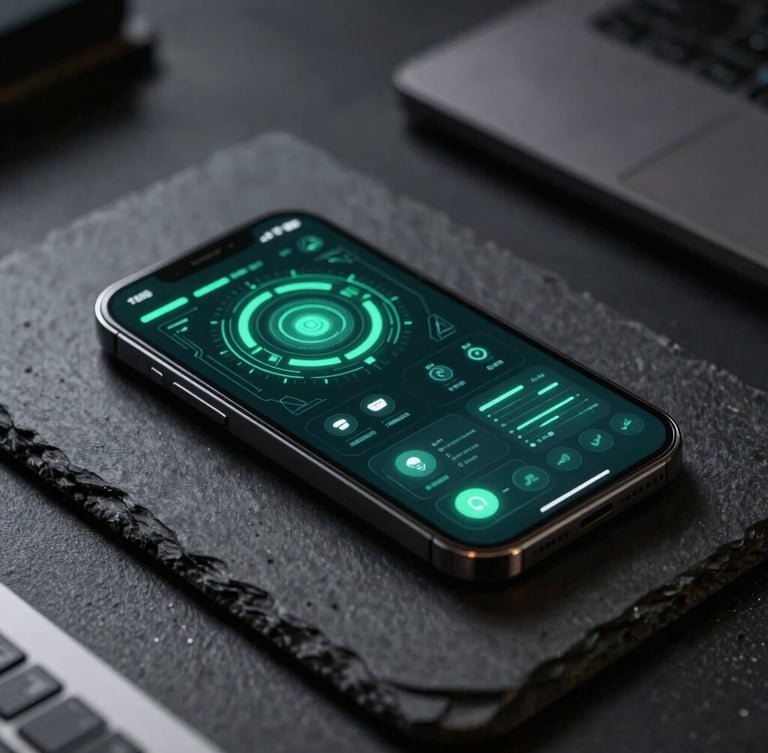 A sleek smartphone resting on a dark slate desk, screen illuminated with modern cyber-security data visualizations, sharp emerald green accents, low-key dramatic lighting, shallow depth of field.