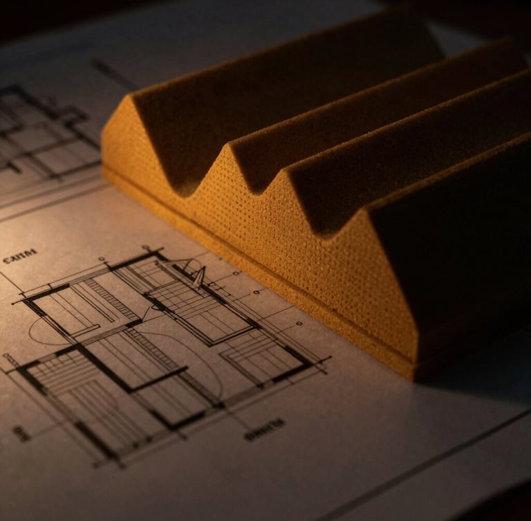 Tight macro shot of architectural blueprints showing acoustic isolation details, low-key lighting, warm amber accents, 35mm