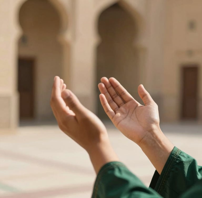 Close-up of hands raised in quiet supplication, soft shadows on traditional Islamic architecture, warm sand tones, shallow depth of field