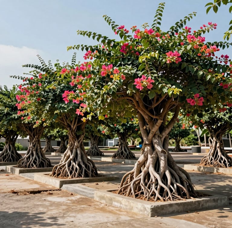 Wide-angle shot of massive, sun-hardened bougainvillea rootstocks with thick trunks lined up in a concrete staging yard under harsh tropical sun